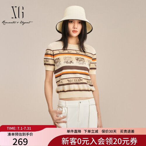 XG雪歌复古条纹短袖针织衫女2025夏个性印花精致上衣XK211009B591