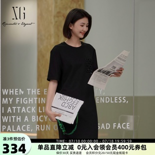 T恤裙女25夏新款 寬松連衣裙XK204091A990 口袋黑色短袖 XG雪歌個(gè)性