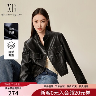 XG雪歌2025春款显瘦酷飒立领机车风短款PU皮衣女外套XL107500A890