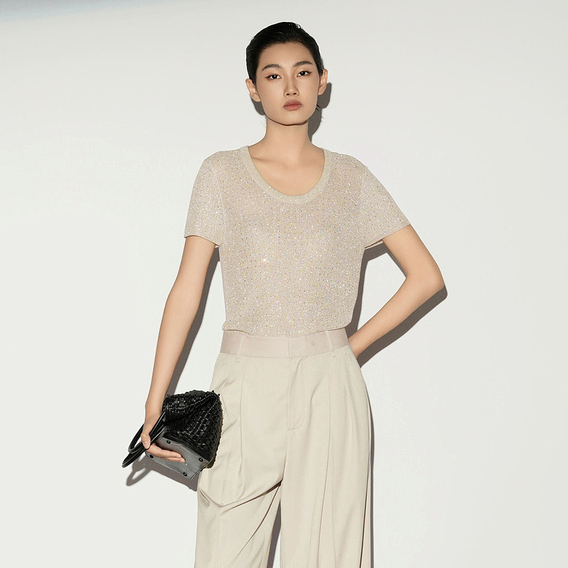 XG雪歌高级感闪钻短袖针织衫女2026夏款显瘦冰丝上衣XL211004A160