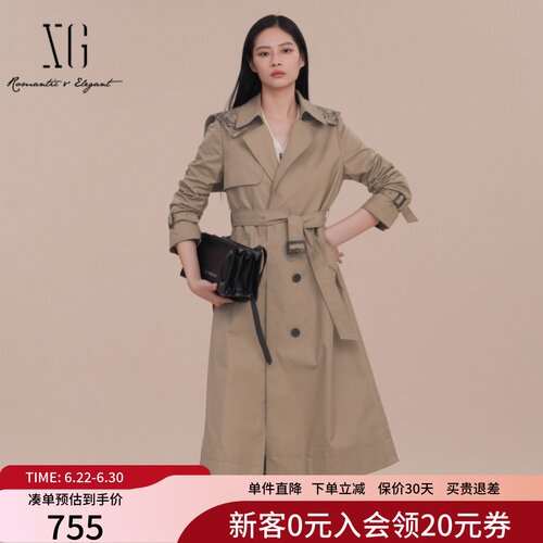 XG雪歌设计感海军领风衣女2025春新款卡其色中长外套XK108006A273