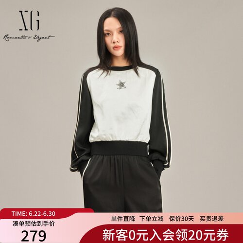 XG雪歌黑白撞色圆领套头卫衣女2025春款宽松休闲外套XK101002B490