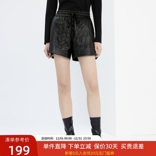 XJ102020A190 显瘦百搭直筒短裤 xg雪歌黑色加厚休闲裤 女2024春新款