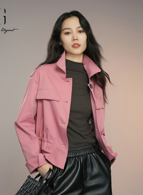 XG雪歌2025秋新款甜酷翻领风衣外套女短款抽绳上衣XK308006A318