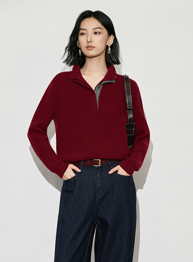 XG雪歌25冬款简约百搭休闲通勤复古翻领套头针织衫女XL411623A815