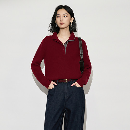 XG雪歌25冬款简约百搭休闲通勤复古翻领套头针织衫女XL411623A815