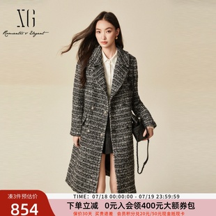 中长款 xg雪歌老钱风复古格纹呢大衣女24冬款 羊毛外套XJ410043B705