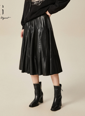xg雪歌摩登复古百褶半身裙女2024冬新款通勤A字皮裙XJ403030A290