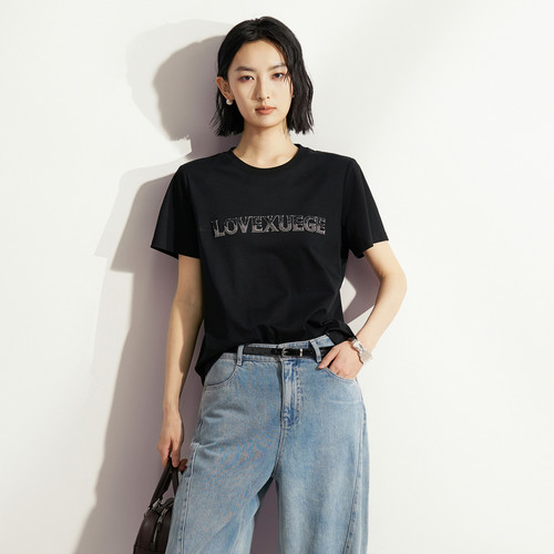 XG雪歌字母烫钻短袖T恤女宽松显瘦正肩纯棉休闲上衣XM201590A890