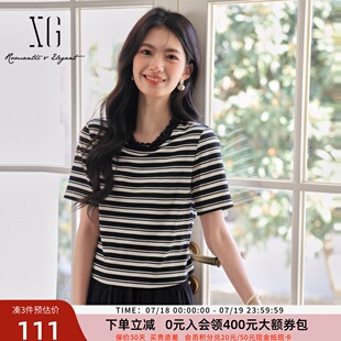 条纹T恤女短袖 xg雪歌优雅花边圆领显瘦正肩短款 上衣XK201564B899
