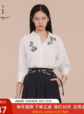 XG雪歌商场同款25夏创意印花白色翻领衬衫女长袖上衣XK121024A651