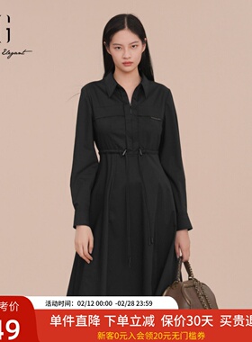 XG雪歌黑色衬衫连衣裙女2025春新款休闲百搭中长裙子XK104009A690