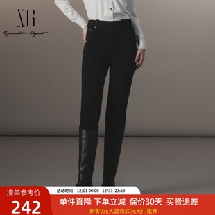 子XJ402057A490 紧身小黑裤 xg雪歌黑色高腰弹力休闲裤 女2024冬新款