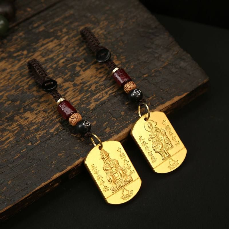 黄铜金色五台山文殊五爷牌汽车钥匙扣挂件广济龙王菩萨男女包吊坠