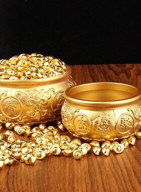 黄铜五福双鱼聚宝盆摆件仿金小元宝容器装饰品金属摆件金属工艺品