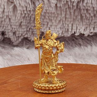金色武财神关公摆件立刀莲花底家居办公室武圣关羽金属摆件工艺品