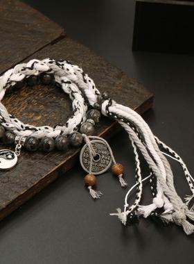 无极山鬼花钱手链挂绳纳福新中式国潮复古太极黑白手工绳编织手串