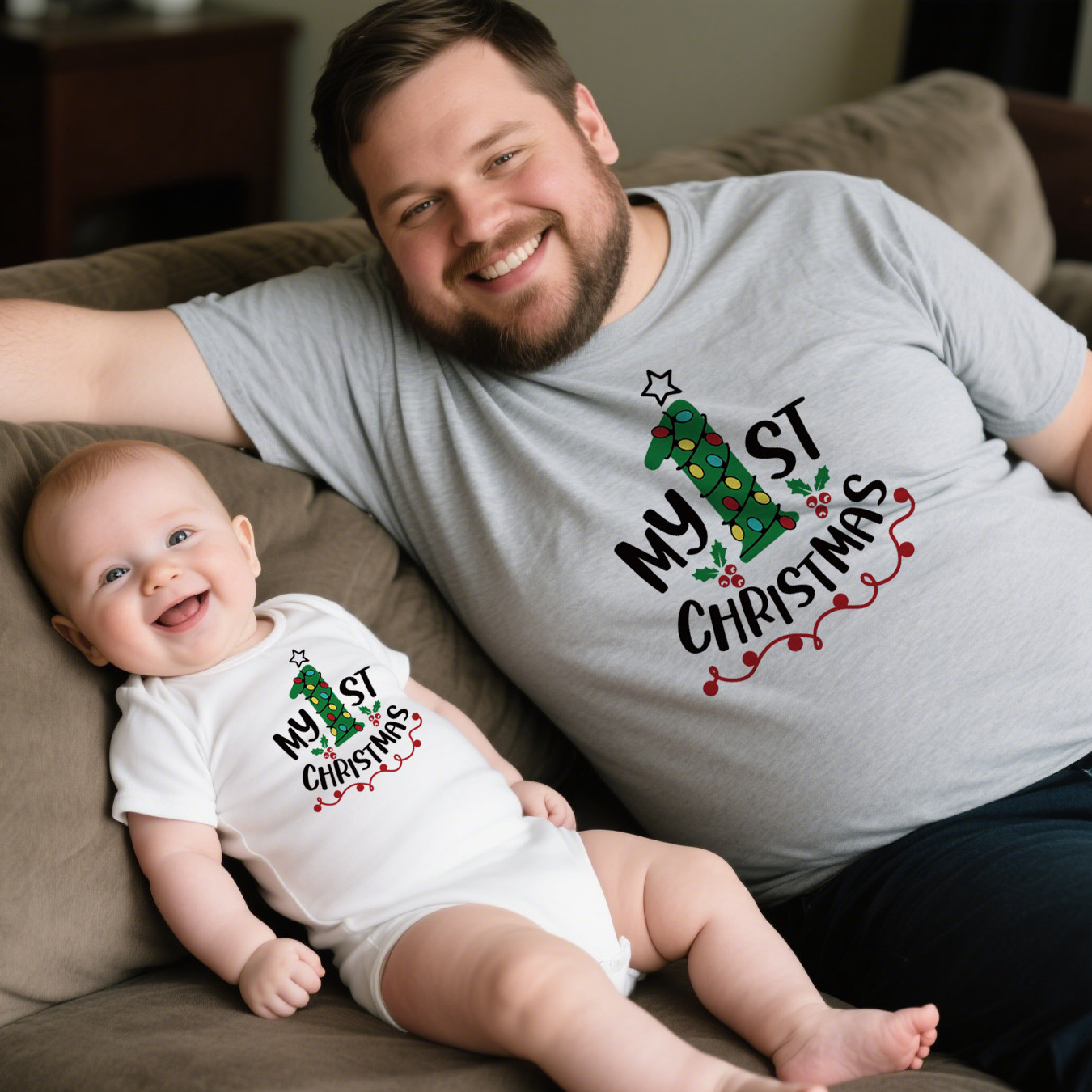 1st Christmas Tshirt 新款圣诞节圣诞T恤全家装亲子短袖婴儿爬服