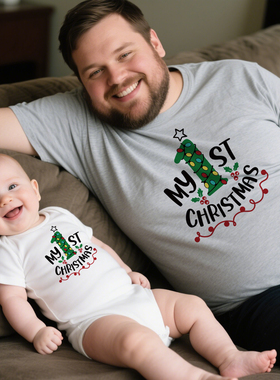 1st Christmas Tshirt 新款圣诞节圣诞T恤全家装亲子短袖婴儿爬服