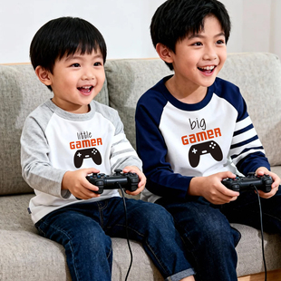 2026夏季兄弟游戏搭档男女儿童童装游戏手柄卡通休闲吸汗纯棉T恤