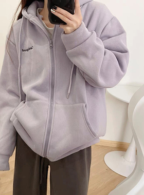 暖冬！行走小暖炉~chao厚羊羔绒！宽松韩版字母带帽卫衣外套开衫