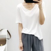 包邮 欧美出境炒鸡高 简约V领纯色冰丝凉快舒服短袖 2件 T恤 夏女