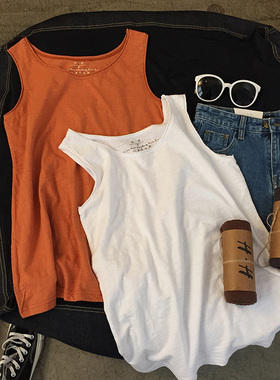 夏季韩版宽松竹节棉简约基础纯色可外穿无袖背心女装学生打底衫