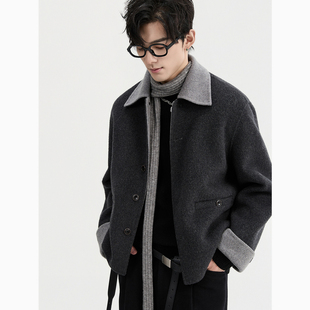 伯爵卓尔25秋冬撞色拼接双面呢夹克外套男士羊毛混纺保暖短款大衣