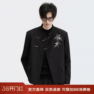 国风新中式伯爵卓尔垫肩刺绣立领夹克外套男唐装盘扣抗皱订婚上衣