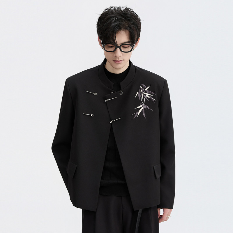 国风新中式伯爵卓尔垫肩刺绣立领夹克外套男唐装盘扣抗皱订婚上衣