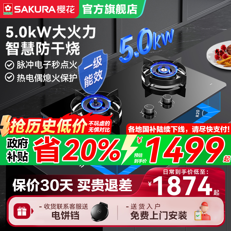 樱花燃气灶双灶家用猛火天然气液化气炉灶台双眼嵌入式JGE02