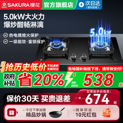 樱花燃气灶家用煤气灶双灶天然气液化气炉灶台嵌入式大火力TGC03