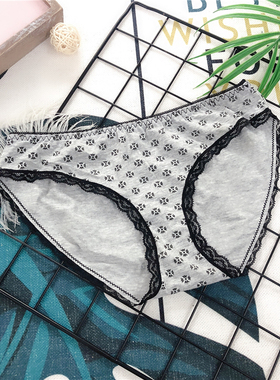 N594 新品女生灰色印花棉蕾丝边三角全包舒适内裤素色少女内S M L