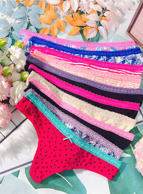 X311 性感棉蕾丝边花色细带美臀丁字裤女生T-Back瑜伽健身底裤