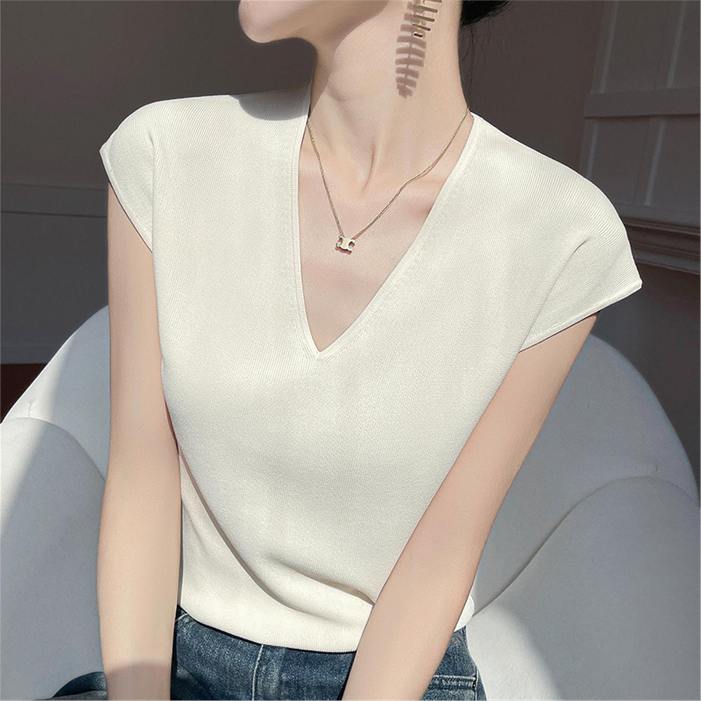 2025上衣领飞VT恤显瘦背心法式冰丝飞袖修身透气百搭针织曲珠新女