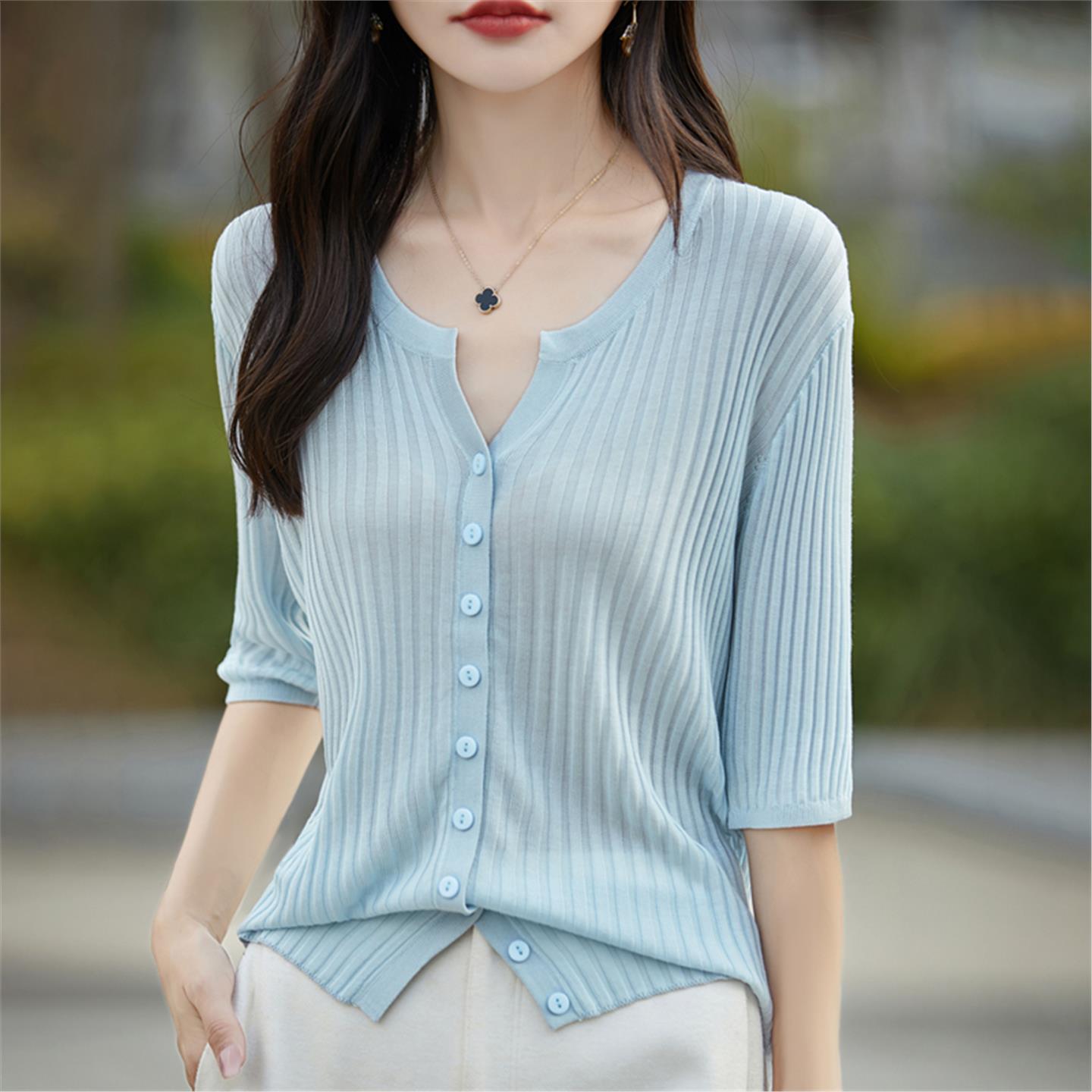 T恤莱2025女开衫洋气薄款披肩上衣领V袖夏衣针织赛尔防晒新款五分