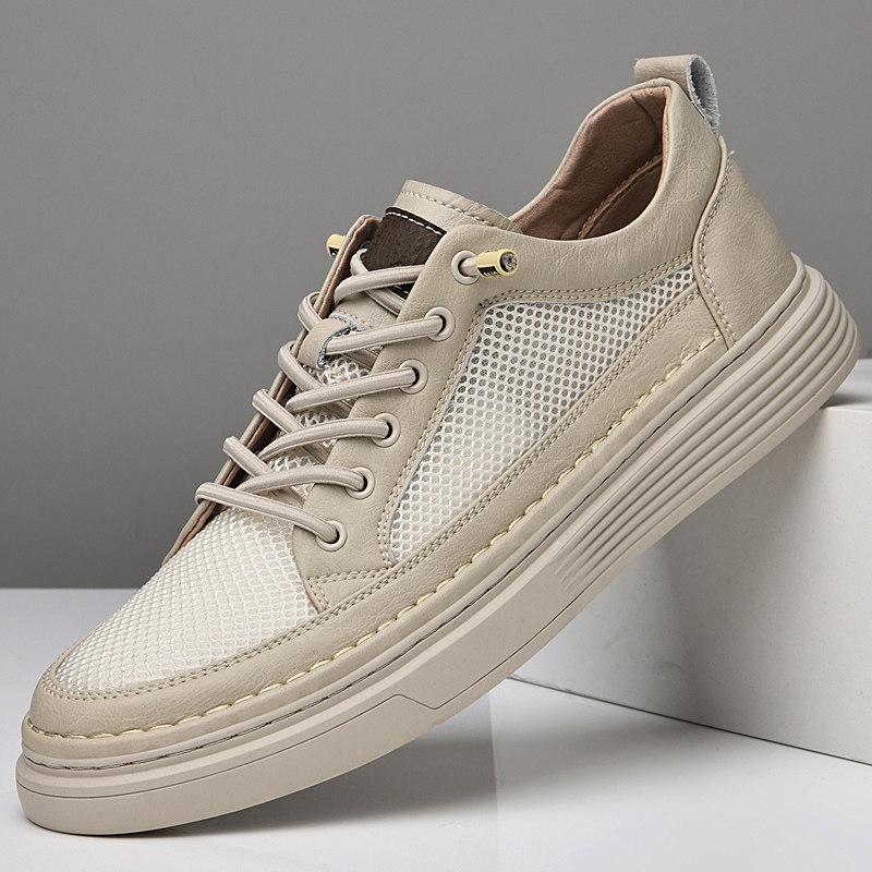 夏季透气薄款网面板鞋男真皮软底休闲皮鞋小码男鞋36 37大码45 46