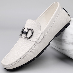 2026新款英伦白色豆豆鞋男真皮软底一脚蹬懒人乐福鞋青年休闲皮鞋