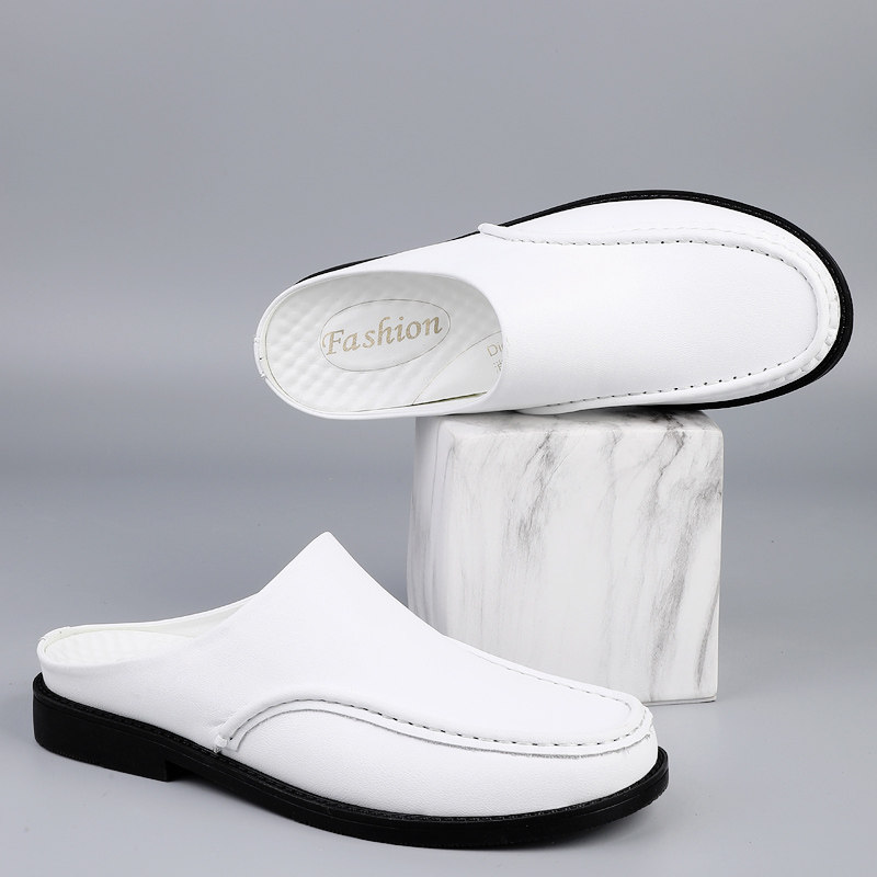 夏季白色包头半拖鞋男外穿真皮软底一脚蹬无后跟休闲皮鞋男凉拖鞋