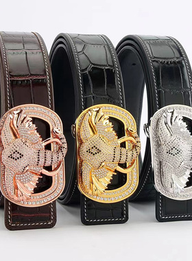 男头层牛皮镶钻扣头鳄鱼纹