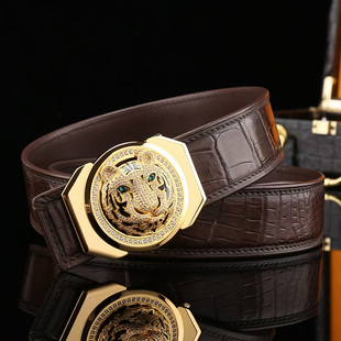 鳄鱼皮皮带男真皮 鳄鱼皮腰带男不锈钢镶钻 老虎头平滑扣头 裤带