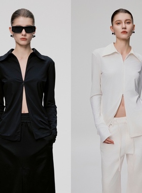 纸片人双开隐形拉链高弹显瘦衬衣衬衫长袖白色上衣CORA&WYNN