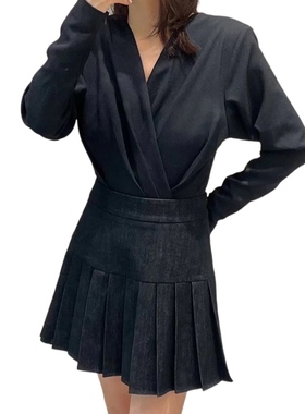 CORA&WYNN牛仔百褶半裙时尚黑色上衣套装短款