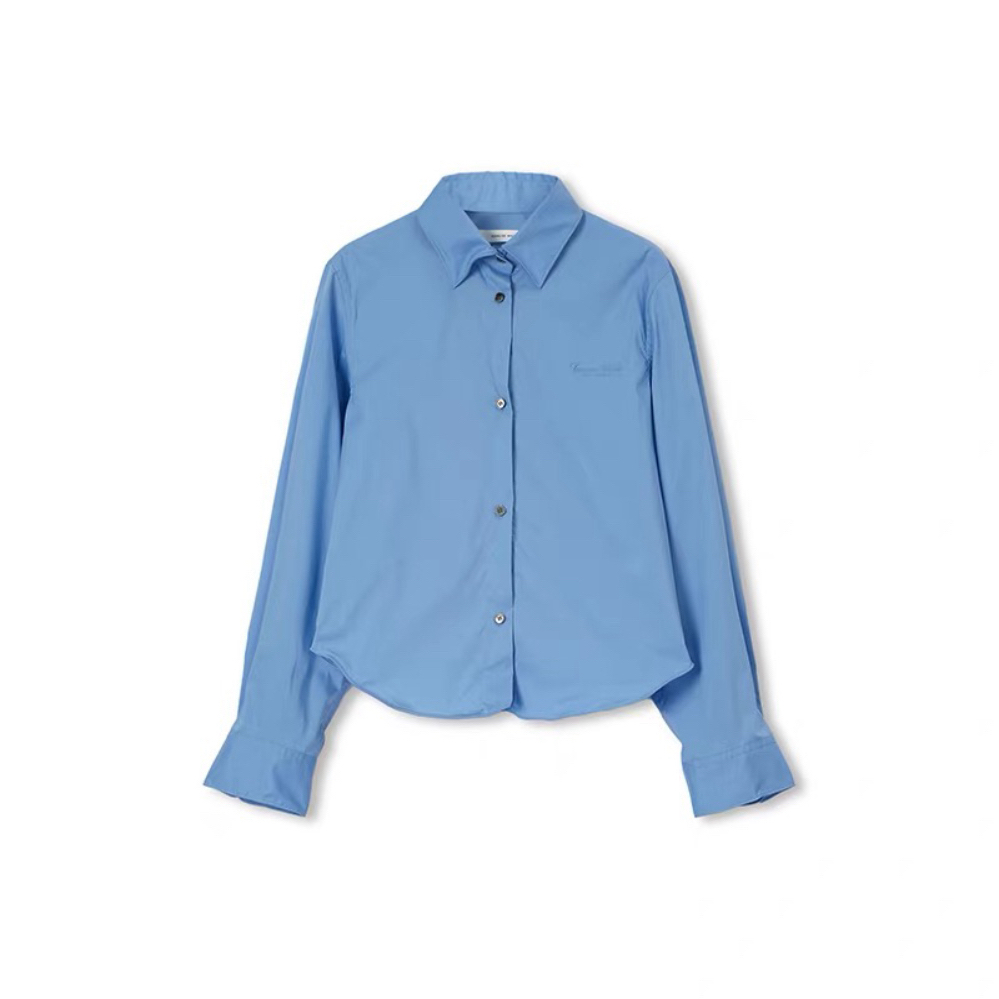 新款布鲁蓝刺绣衬衣 鱼骨边翻领简约长袖上衣