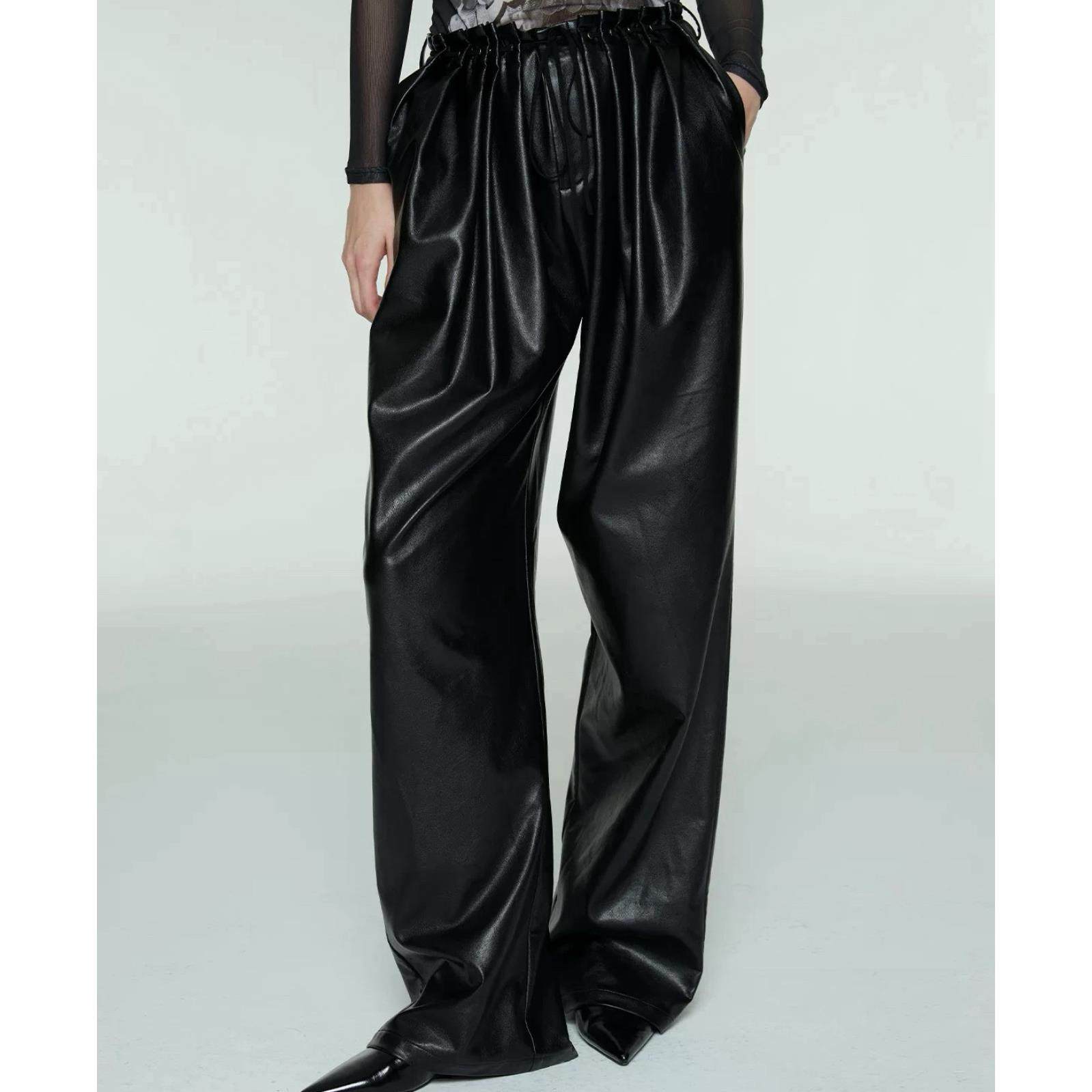 黑色阔腿皮裤 新款高腰压褶宽松直筒拖地长裤 Sipclass