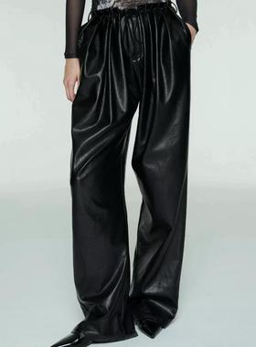 黑色阔腿皮裤 新款高腰压褶宽松直筒拖地长裤 Sipclass