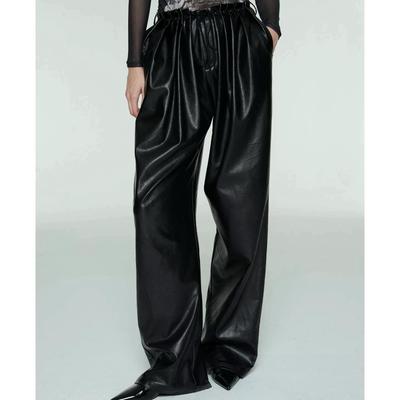 黑色阔腿皮裤 新款高腰压褶宽松直筒拖地长裤 Sipclass