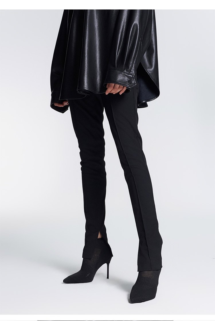 黑色侧开叉直筒西裤 秋冬女士皮裤高腰美国设计师品牌cora&wynn
