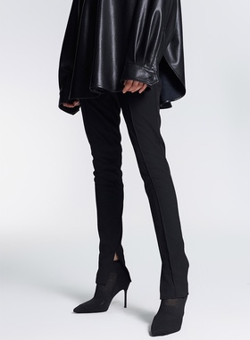 黑色侧开叉直筒西裤 秋冬女士皮裤高腰美国设计师品牌cora&wynn