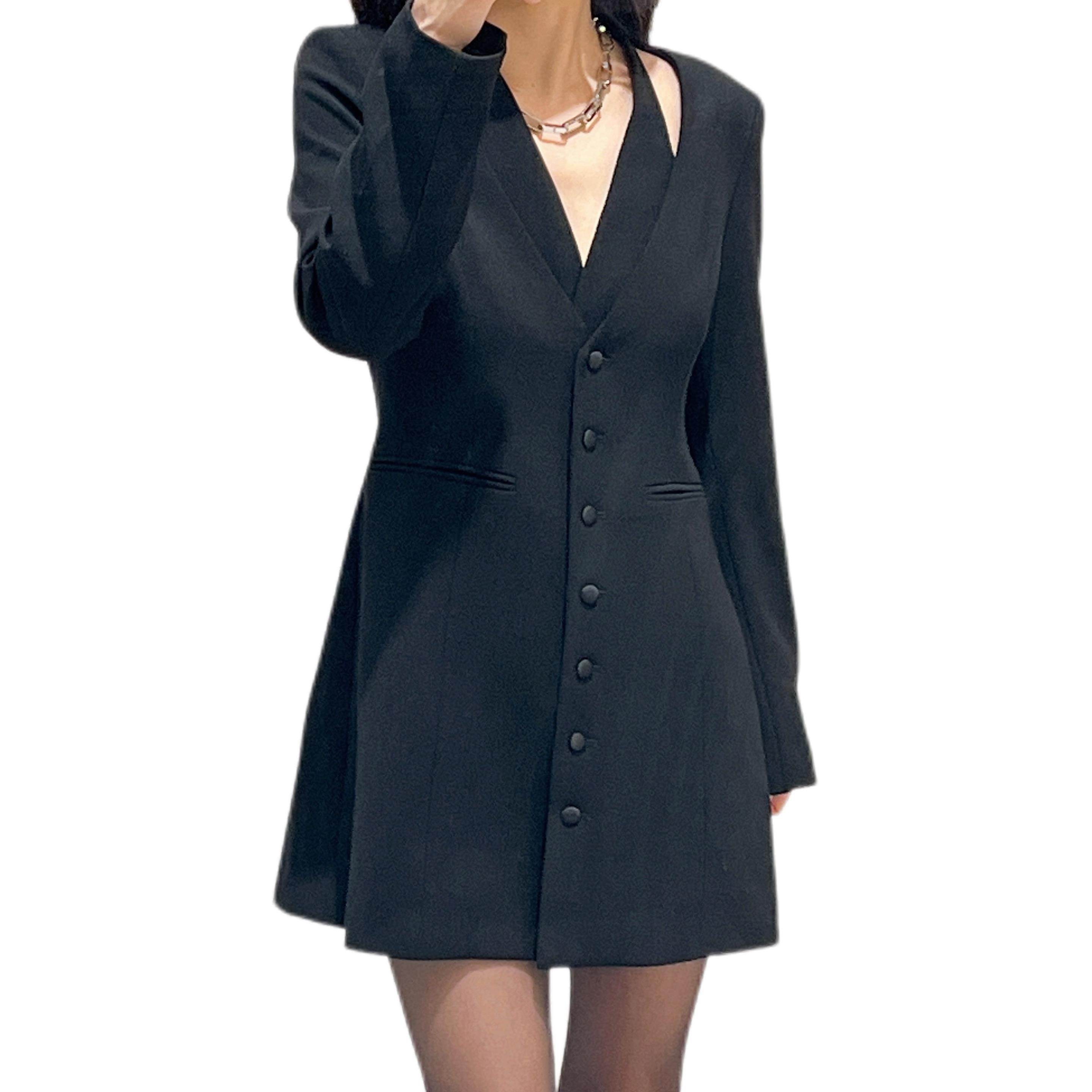 挂脖假两件黑色修身小众气质连衣裙挂脖A摆裙洛杉矶CORA&WYNN